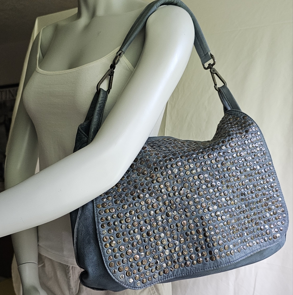 EUC LEATHER STUDDED BLUE SHOULDER BAG PURSE
